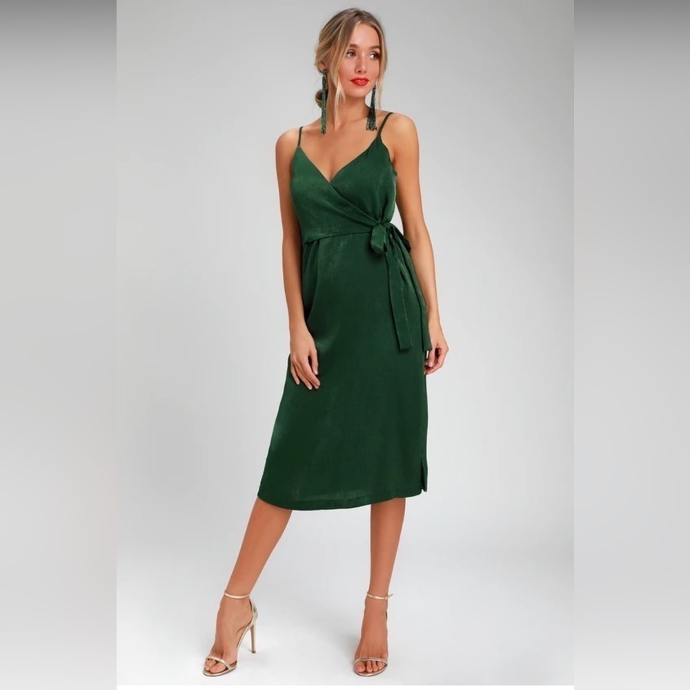 J.O.A. XL Fall In Love Satin Forest Green Wrap Midi Dress